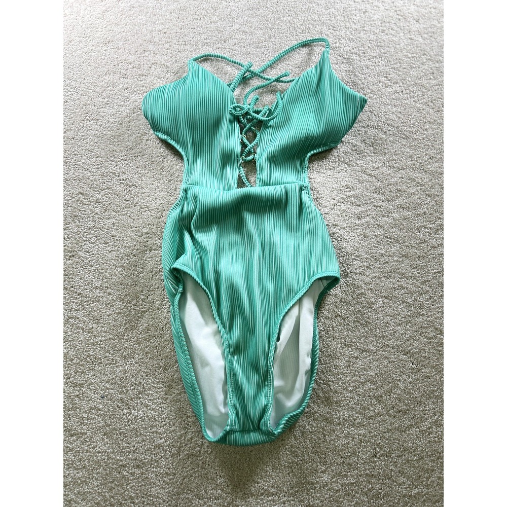 No Boundaries One Piece‎ Swimsuit Womens Large Green Ribbed Lace Up Criss Cross